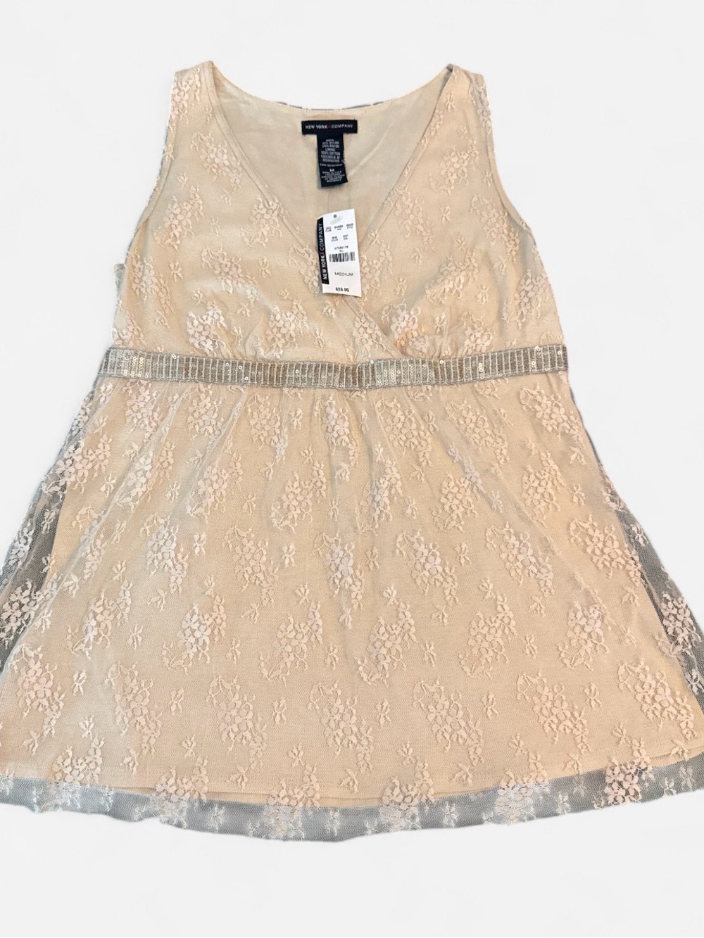 New York & Company Women’s Blush Lace V-Neck Tank with Beaded Waist